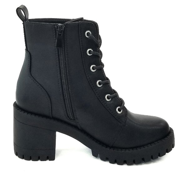 New Black Lace Up Chunky Heel Combat Ankle Boots - Picture 3 of 4